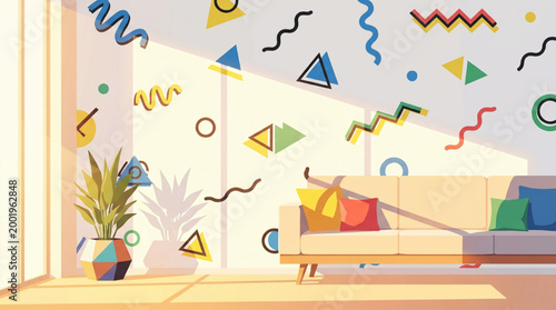 Modern living room with geometric wall art and abstract shapes