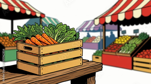 Comic book style illustration of a farmers market stall with a crate of fresh carrots