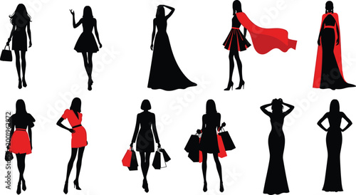 Elegant women silhouettes set with fashion poses shopping bags and dresses isolated vector illustration for style and retail concepts