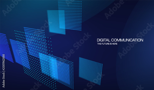 Abstract technology 3D background with digital neon tech square and perspective for big data concept. Party dots grid with tunnel blue led light. 