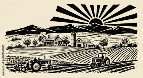 Rustic farm landscape with vintage tractors and farmhouses under a rising sun over mountain ranges in woodcut style vector illustration