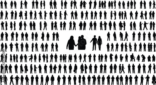 Large crowd of people silhouettes collection with diverse groups standing walking and interacting isolated vector set