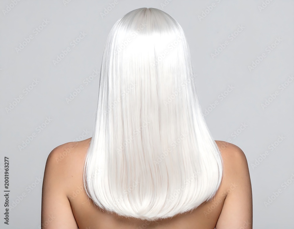 Naklejka premium Woman's back with straight, white-blonde hair, against a plain gray background