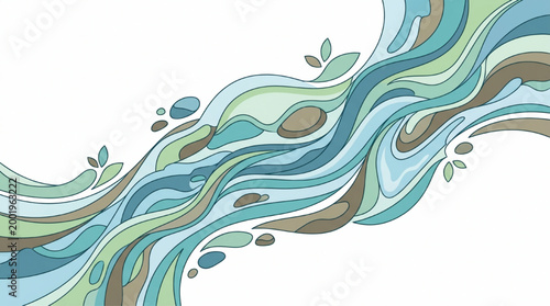 Abstract illustration of flowing river with smooth stones and leaves