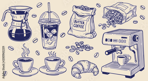 Hand drawn coffee shop collection featuring espresso machine coffee beans iced latte cups pour over carafe and croissant vector illustration