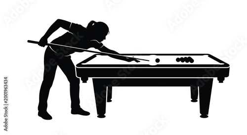 Billiard player aiming with cue stick black silhouette