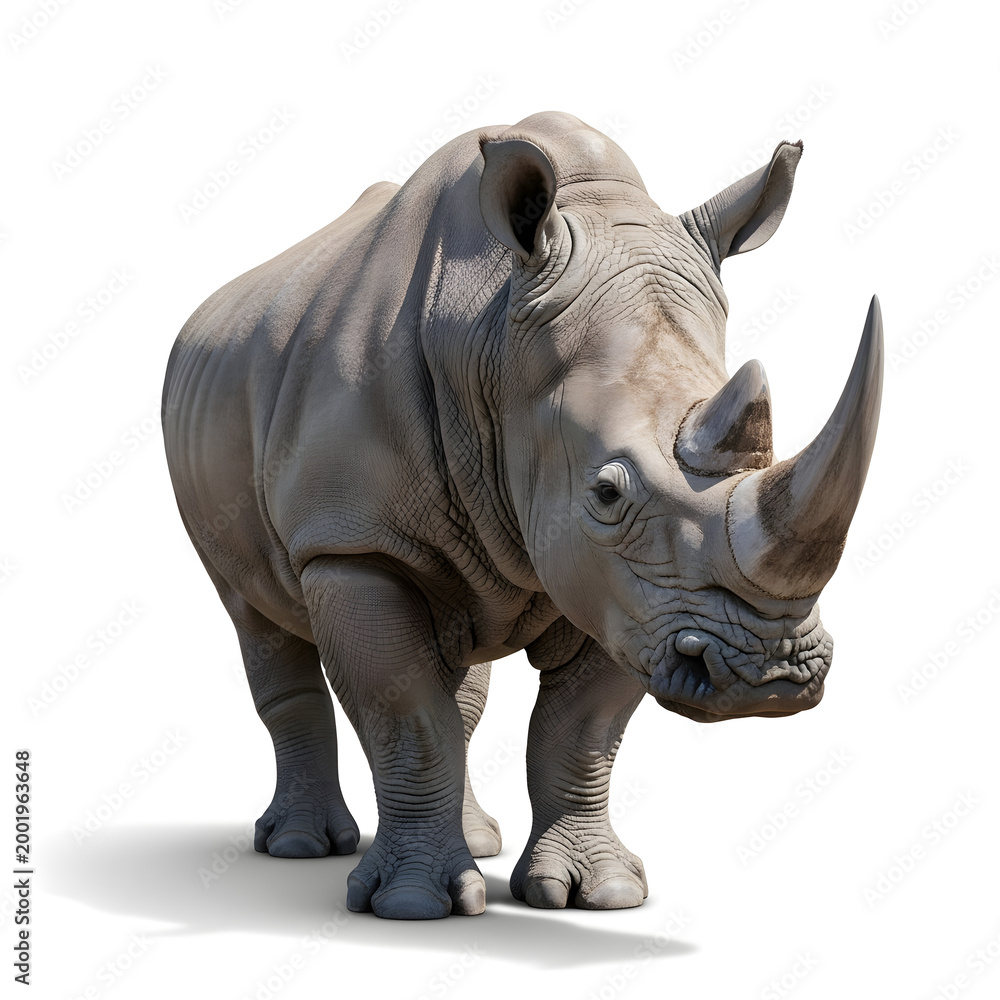 Obraz premium A large gray rhino stands isolated on a white background looking forward
