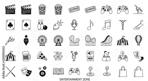 Collection of entertainment and leisure icons in black and white.
