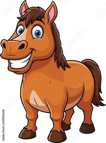 Cute smiling cartoon horse character with big eyes, friendly farm animal illustration for kids design, nursery decor, educational materials, and playful mascot use