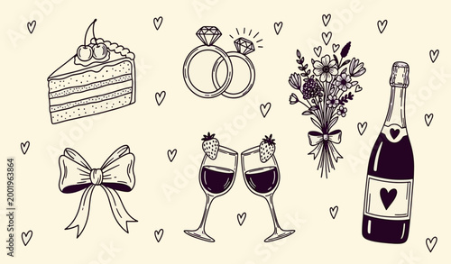 Romantic hand drawn wedding celebration elements collection featuring cake rings bouquet champagne and wine glasses for marriage event vector illustration