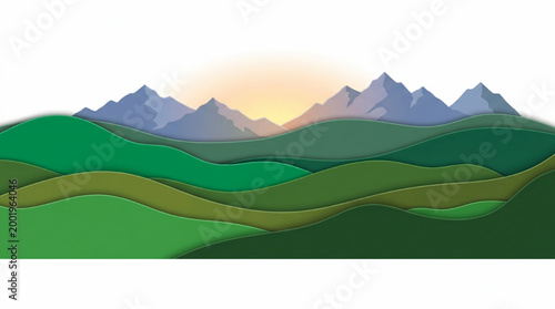 Layered paper cut mountain landscape at sunrise