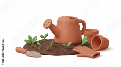 3D clay style gardening set with seedlings and watering can