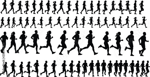 Running people silhouettes collection with men and women jogging poses isolated vector set for fitness sport and marathon design