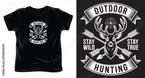 Outdoor hunting stay wild stay true, deer head with cross arrows and target sight t-shirt design.
