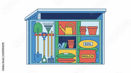 Garden tools organized in a wooden shed