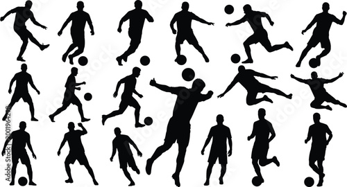Soccer players silhouettes set with football action poses dribbling kicking and jumping isolated vector illustration collection