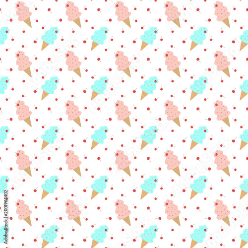 Seamless pattern with strawberry and mint ice cream cones on white background.