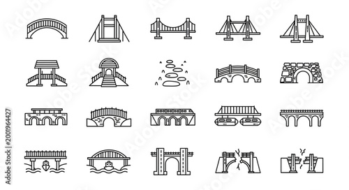 Tableau sur toile Collection of bridge icons and illustrations in line art style.