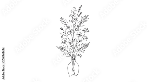 A delicate line art illustration of a floral arrangement in a vase