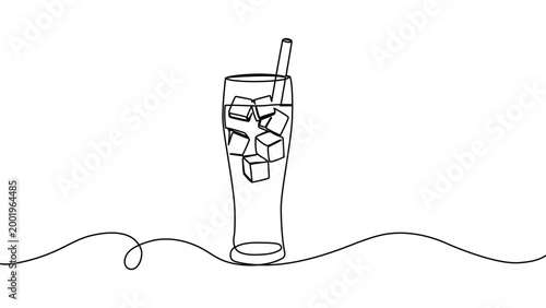 Continuous one line cocktail drawing vector illustration design art isolated. Cocktail glass ice party doodle graphic white bar silhouette alcohol background beverage wine restaurant water juice menu.