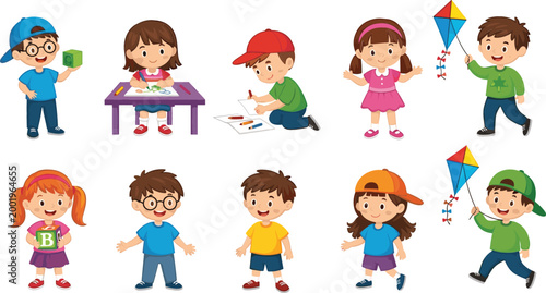 Set of cute cartoon children playing, drawing, flying kites and studying, colorful kids activities collection isolated on white background vector illustration