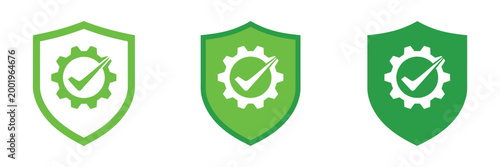 Shield gear check icon, security settings graphics, protection verification symbols, system approval concept, vector illustration