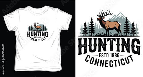 Hunting Connecticut t-shirt design with elk, pine trees, and mountains for outdoor enthusiasts.