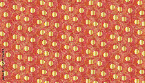 Bright red and yellow repeating pattern with circular elements, ideal for decorative backgrounds.