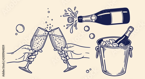 Hands clinking champagne glasses with popping bottle and ice bucket for luxury celebration event anniversary party and toast vector illustration