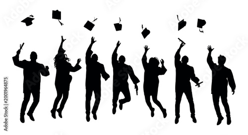 Group of happy graduates jumping and throwing their caps