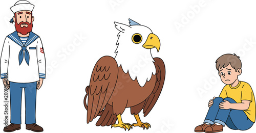 Cartoon sailor, bald eagle, and sad boy sitting alone, symbolic illustration representing freedom, loneliness, patriotism, and emotional contrast in modern vector design