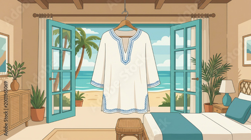 Coastal bedroom view with tropical beach scenery through open doors