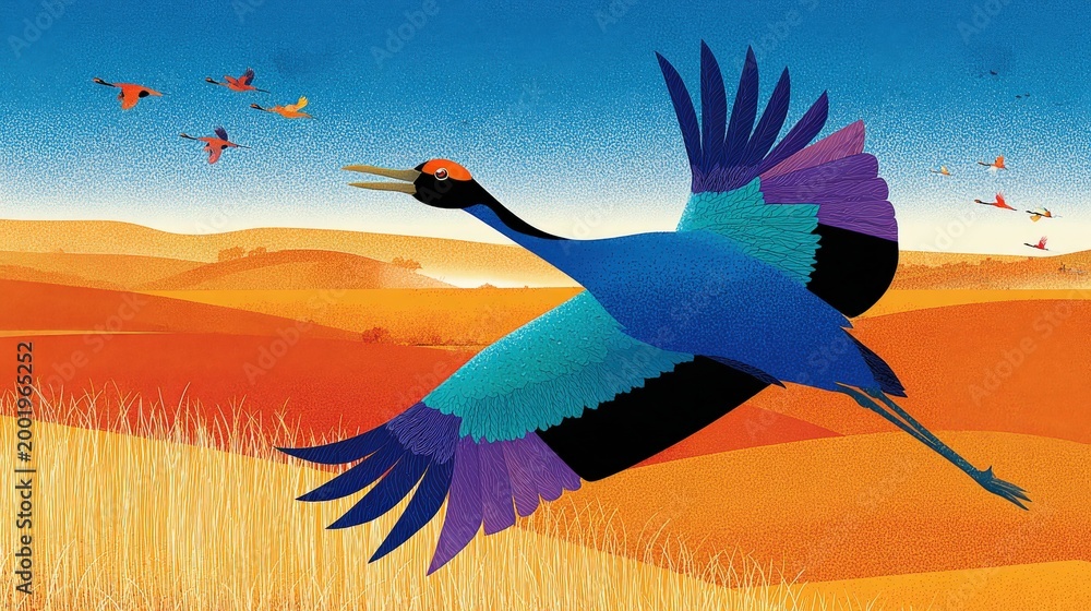 Fototapeta premium Vibrant blue crane flies over a scenic golden landscape under a clear sky.
