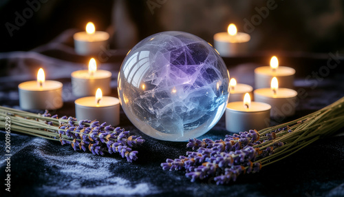 Transparent crystal ball sphere with purple and blue inner light surrounded by lit candles and dried lavender on a dark velvet surface, mystical spiritual meditation and healing concept