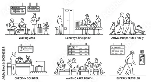 Tableau sur toile Six airport scene illustrations including security check waiting area boarding and check in counters