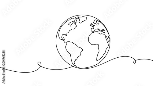 Continuous one line globe earth art world sustainable education outline. Earth globe tree science leaf environment drawing health book illustration planet doodle history student day school college big