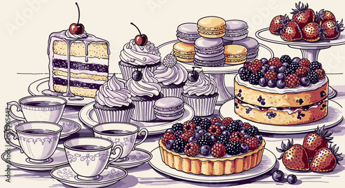Elegant dessert spread with berry tart cupcakes macarons layered cream cake and vintage tea cups for a sweet cafe vector illustration