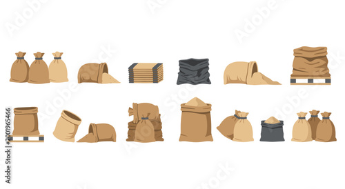 Vászonkép Detailed set of canvas bags and burlap sacks for storage