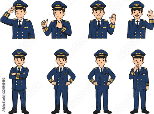 Airline pilot character set with different poses and gestures, professional aviation uniform illustration collection for travel, flight crew and transportation design