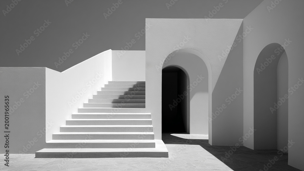 Obraz premium black and white abstract architecture composition with strong sunlight casting dramatic shadows across modern building surfaces, minimal geometry lines, corporate background style