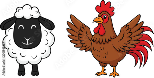 Cute farm animals illustration featuring sheep and rooster, colorful cartoon livestock characters isolated on white background for agriculture and rural design use