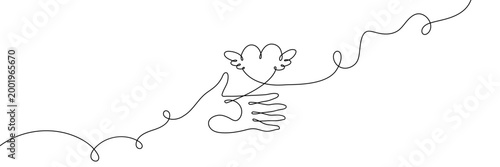 Continuous one line hand heart care health love art support volunteer. Hand heart draw life human charity icon hope donation linear family vector medicine cardiogram gift stroke emotion simple drawing