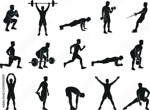 Tableau sur toile Set of black silhouettes of a man doing different fitness exercises and weight l