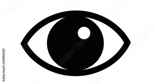 Stylized black human eye icon with a large pupil, symbolizing vision and observation, on an isolated white background.