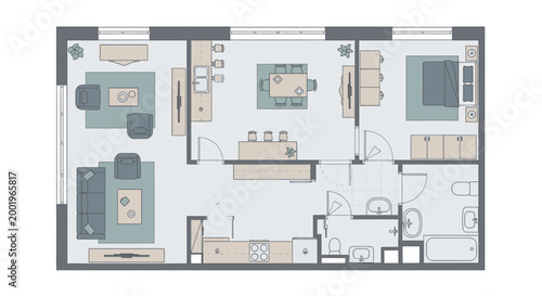 Detailed architectural floor plan showing a modern apartment layout with living room, bedrooms, kitchen, and bathrooms, in a bright studio.
