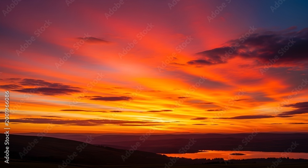 Fototapeta premium Breathtaking fiery sunset with intense red, orange, and purple clouds reflecting over a calm lake, surrounded by dark silhouettes of rolling hills
