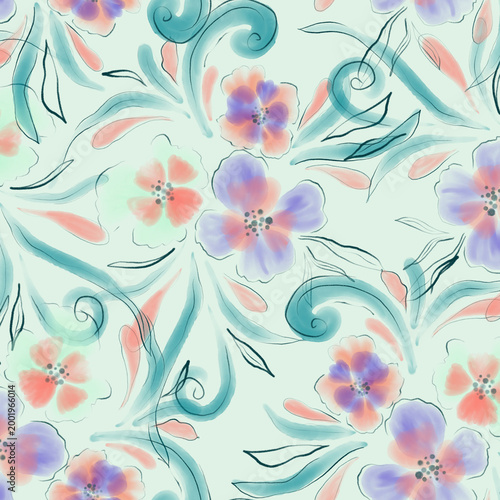 Watercolor Pastel Floral Seamless Pattern with Teal Swirls