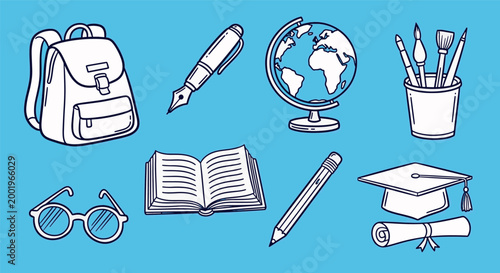 Education and school supply icons set featuring backpack globe books and graduation cap elements for academic learning projects vector illustration