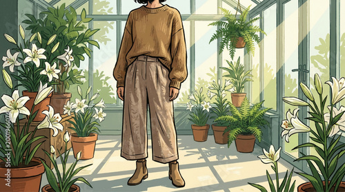 Woman standing in a sunlit greenhouse filled with potted plants
