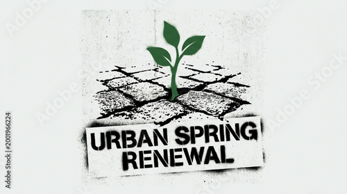 Urban spring renewal concept with green plant growing through cracked ground